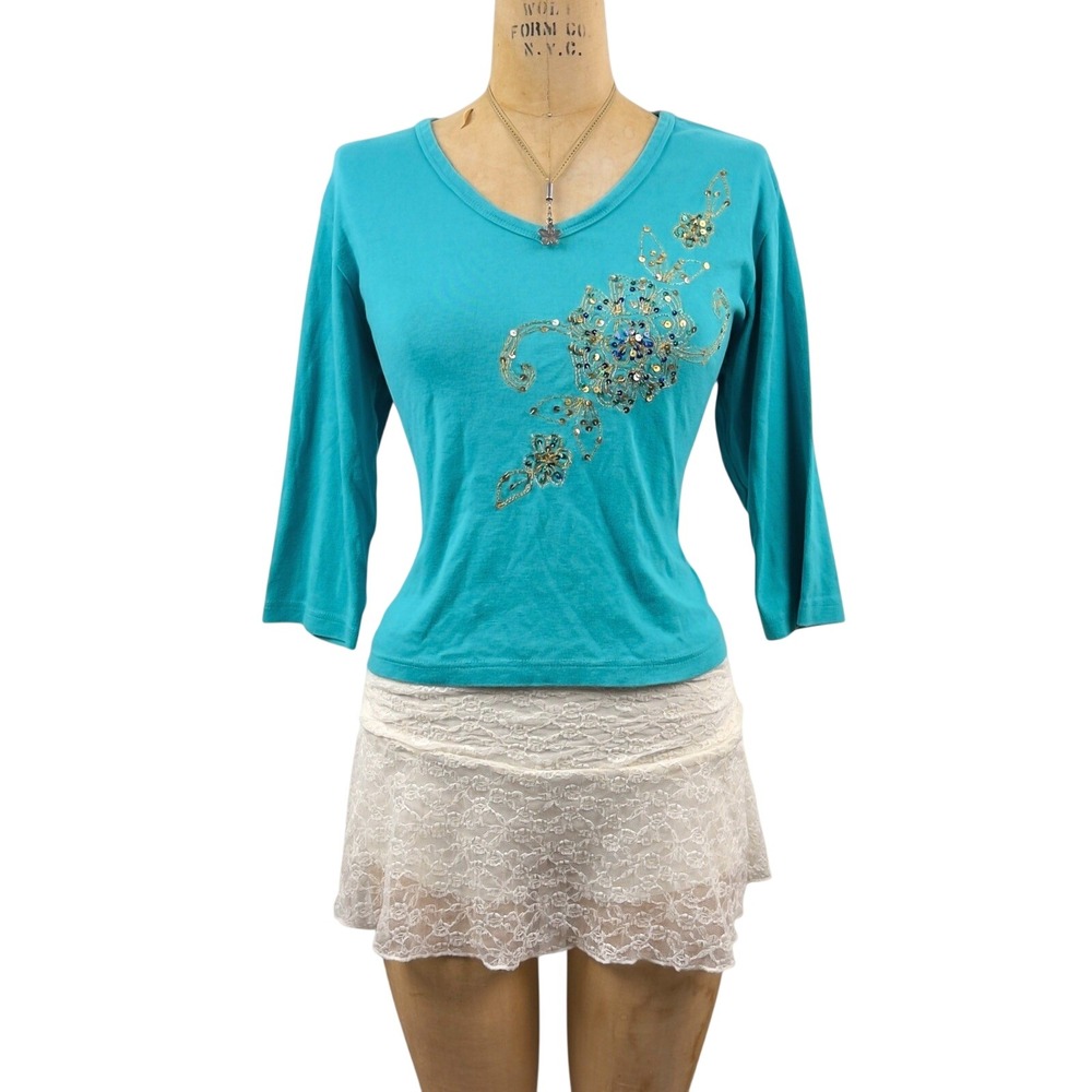 2000s Turquoise Beaded Sequin Embroidered Blouse 3/4th Sleeve Boho Fairy Sz L